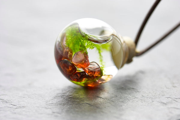 Seemoos Granat - echte Wasserpflanze - Lederband 1m - Borosilikatglas
