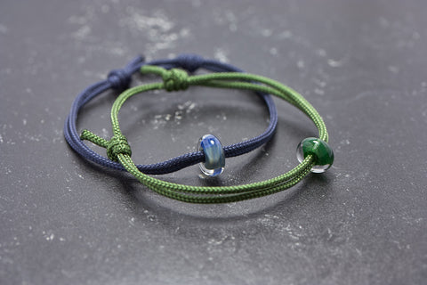 Partnerarmbänder Set Borosilikat Glasperle Vegan Unisex Segeltau moos grün marine verstellbar